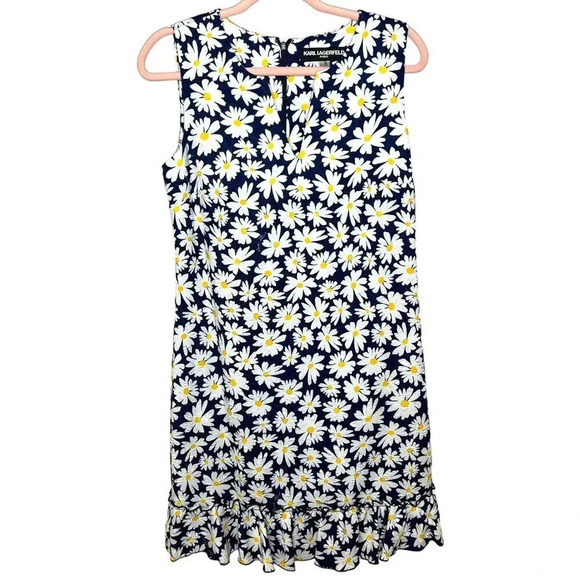 Karl Lagerfeld Floral White Navy Daisy Dress Silky Jacquard Sz. 6 - Picture 1 of 16